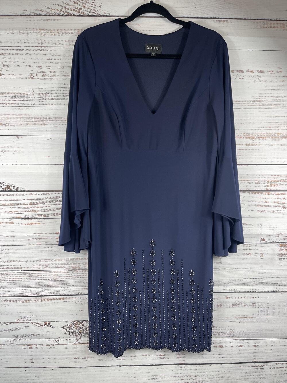 Xscape Dress Women's SZ 14 Blue Beaded Hem Bell Sleeve V Neck Sheath Knee Length
